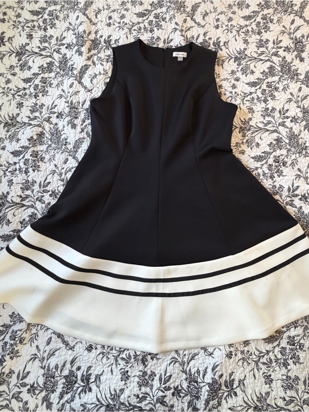 Calvin Klein Black and White Scuba Crepe Stripe-Hem Fit and Flair Dress